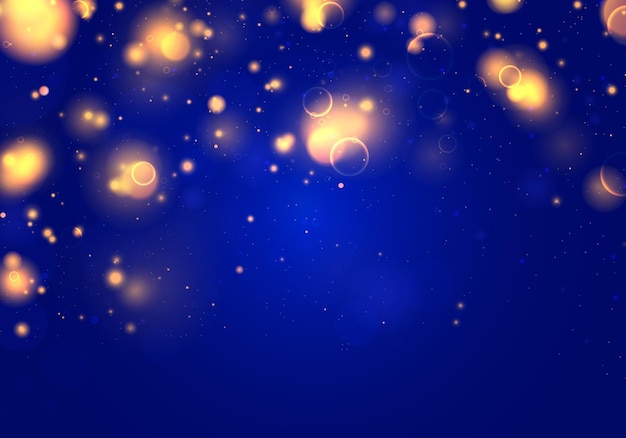 Luz desfocada bokeh em fundo azul escuro. Brilho abstrato faíscas desfocadas.