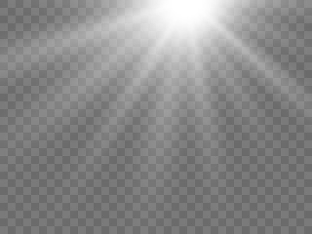 Luz do sol em um fundo transparente. Raios de luz brancos isolados. Ilustração vetorial