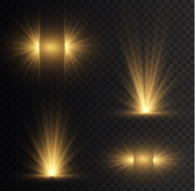 Luz solar Efeito de luz Flash brilha Explosão de estrela brilhante Iluminação do nascer do sol Raios de sol amarelo Vetor