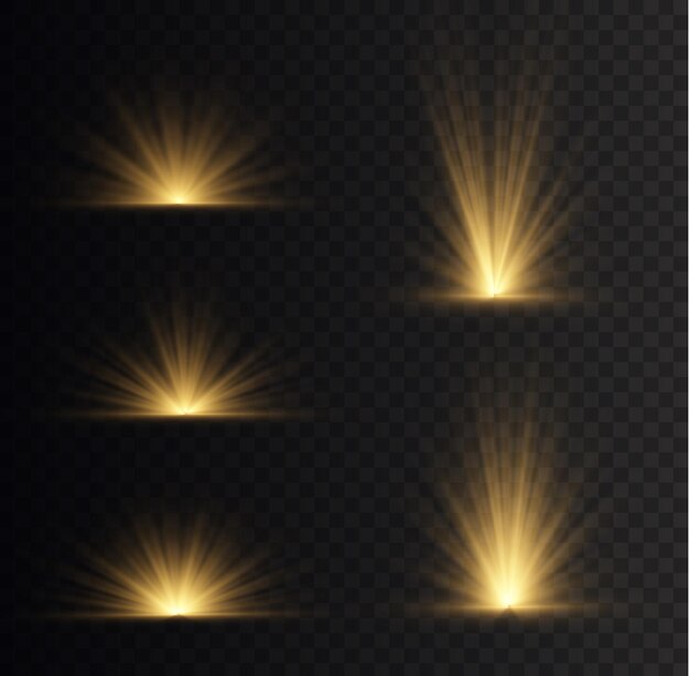 Luz solar Efeito de luz Flash brilha Explosão de estrela brilhante Iluminação do nascer do sol Raios de sol amarelo Vetor