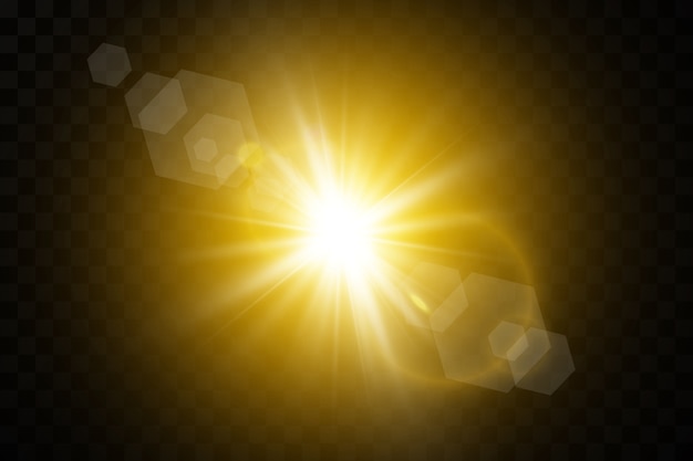 Vetor luz solar transparente efeito de luz especial de reflexo sol flash com raios e holofotes.