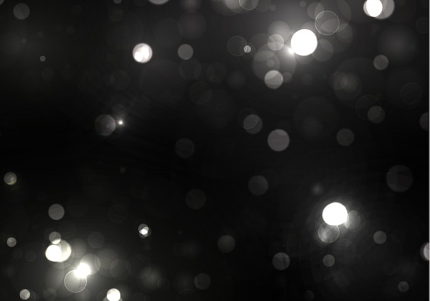 Luz turva do bokeh no fundo preto. e modelo de feriados de ano novo. Brilho prateado abstrato desfocou estrelas e faíscas piscando.
