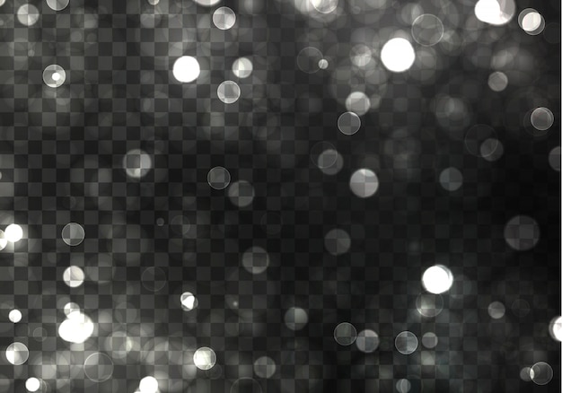 Vetor luz turva do bokeh no fundo preto. e modelo de feriados de ano novo. brilho prateado abstrato desfocou estrelas e faíscas piscando.