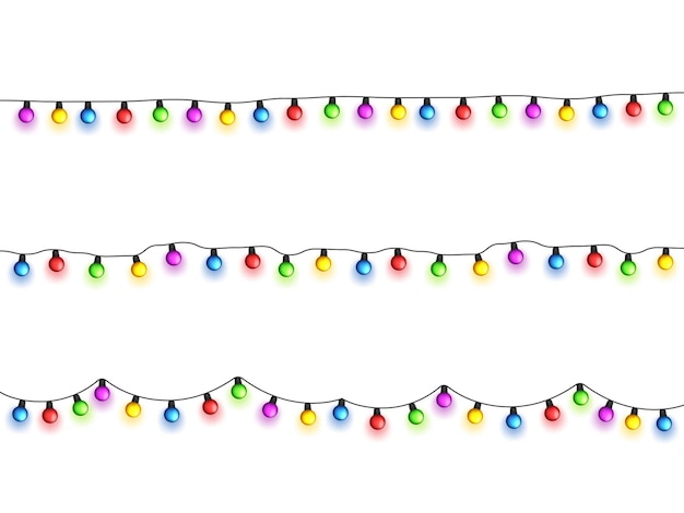 Luzes brilhantes de Natal em fundo branco guirlandas com lâmpadas coloridas xmas feriados de Natal