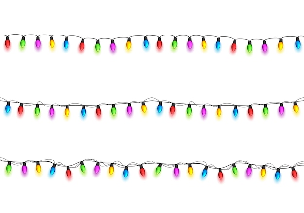 Luzes brilhantes de Natal em fundo branco guirlandas com lâmpadas coloridas xmas feriados de Natal