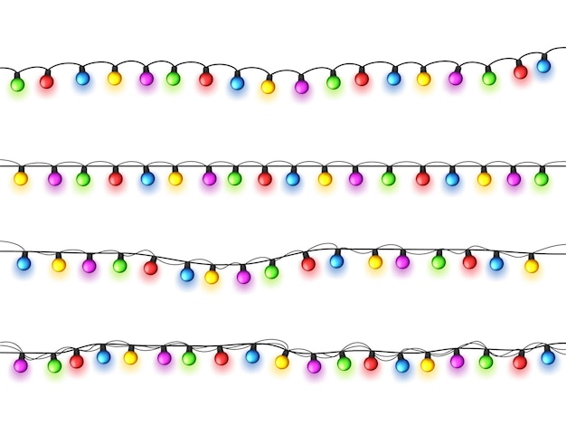 Luzes brilhantes de Natal em fundo branco guirlandas com lâmpadas coloridas xmas feriados de Natal