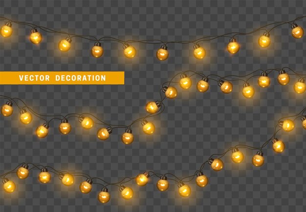 Luzes de natal guirlandas de decoração isoladas lâmpadas brilhantes coloridas lâmpada de néon decoração de férias de natal efeito de luz de design 3d realista lâmpadas guirlandas elemento decorativo de ano novo ilustração vetorial