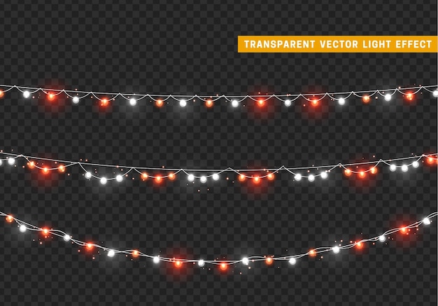 Luzes de natal guirlandas de decoração isoladas lâmpadas brilhantes coloridas lâmpada de néon decoração de férias de natal efeito de luz de design 3d realista lâmpadas guirlandas elemento decorativo de ano novo ilustração vetorial