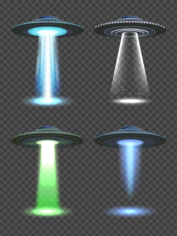 Vetor luzes de ovni. projetor de nave espacial futurista com luz de nevoeiro transparente de ilustrações realistas de vetor de tecnologia futura. nave espacial futurista, holofote de nave espacial