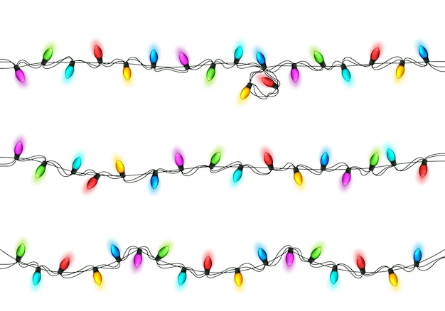 Luzes festivas de Natal decorativas guirnalda brilhante isolada em fundo branco brilhante colorido