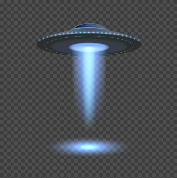 Vetor luzes ufo azuis. holofotes de nave espacial de alienígenas, objeto de espaço 3d isolado em fundo transparente. raios voadores, elemento do vetor de navio futurista. ilustração ufo holofote, nave alienígena