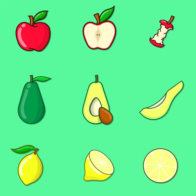 Vetor maçã, abacate e mangostão definem vetor de ilustração. ilustração de frutas isoladas