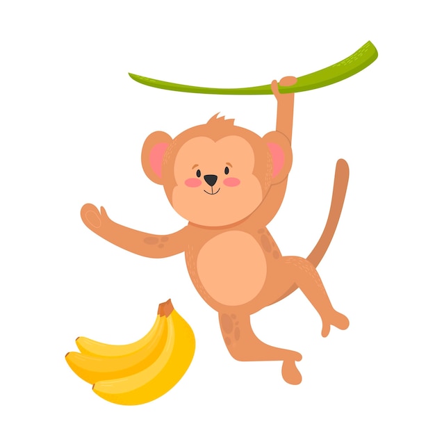 Macaco alegre pendurado no galho e imagem vetorial de banana