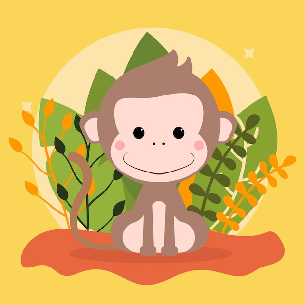 Macaco bebê fofo na ilustração de fundo de folhas