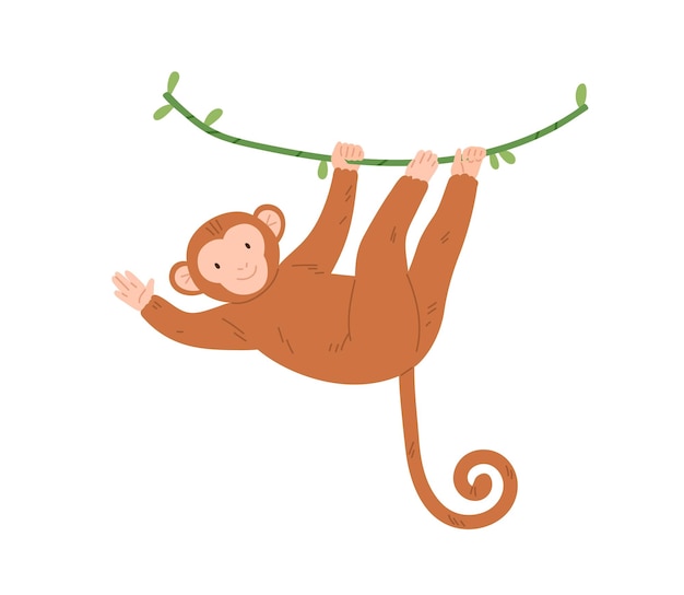 Macaco bebê fofo pendurado no galho de árvore, balançando e acenando com a pata. ilustração em vetor plana colorida de sorrir e brincar de personagem animal isolado no fundo branco.