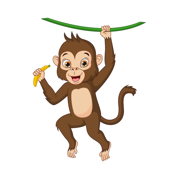 Desenho de macaco fofo pendurado no galho de uma árvore