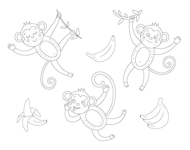 Macaco bonito com conjunto de contorno de bananas. animal exótico tropical engraçado e ilustração a preto e branco de frutas. página divertida para colorir para crianças. coleção de clipart de verão na selva