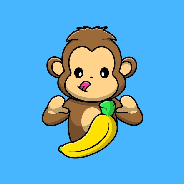 Vetor macaco bonito com ilustração de ícones de desenho vetorial de frutas banana