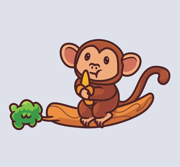 Macaco bonito comendo frutas de banana na ilustração de natureza animal de desenho animado isolado de árvore estilo simples