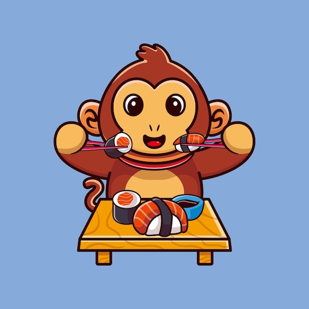 Macaco bonito comendo sushi com ilustração de ícone de desenho animado de pauzinhos