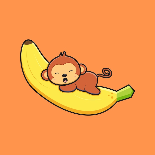 Macaco bonito deitado na ilustração do ícone dos desenhos animados de banana. projeto isolado estilo cartoon plana