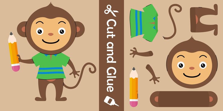 Vetor macaco bonito segurando o jogo de papel educativo de lápis para crianças cortar e colar ilustração vetorial