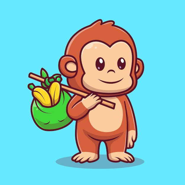 Macaco bonito trazer banana com saco dos desenhos animados ícone ilustração vetorial ícone de natureza animal isolado