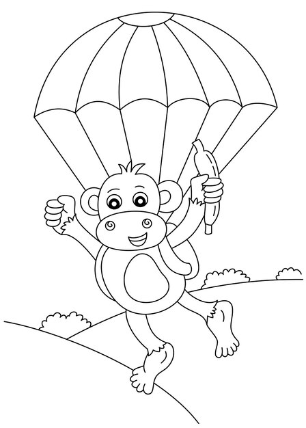 Macaco com página de colorir de pára-quedas ou livro para criança vetor