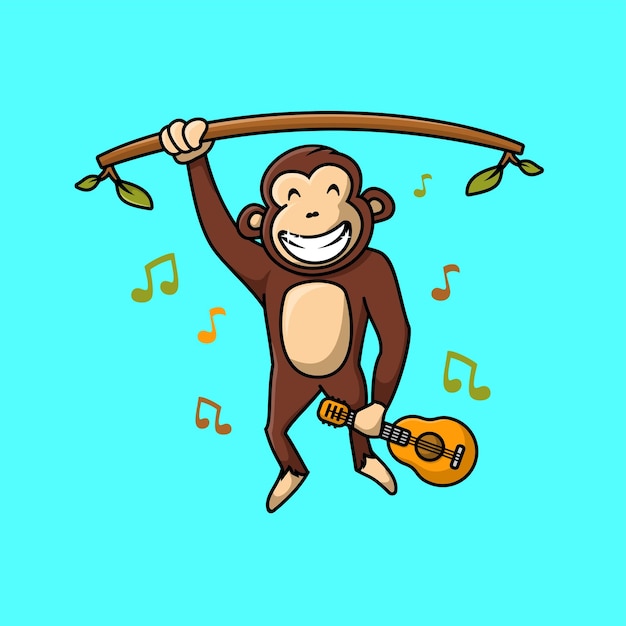 Vetor macaco com personagens de desenhos animados de guitarra, estilo de design plano