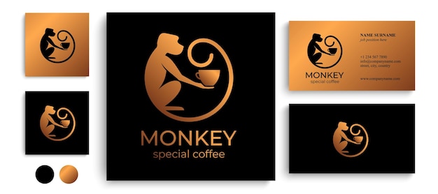 Macaco com uma xícara de café ou chá Logotipo ou crachá para cafeterias e cafés Ilustração vetorial Logotipo especial