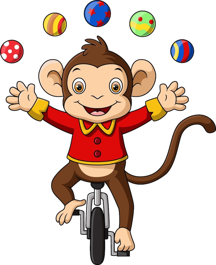 Vetor macaco de circo bonito com andar de bicicleta de uma roda e bolas de malabarismo