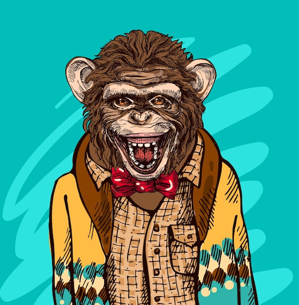 Macaco em suéter de malha Ilustração vetorial para cartaz de cartão de saudação ou impressão em roupas Estilo de moda desenho Hipster