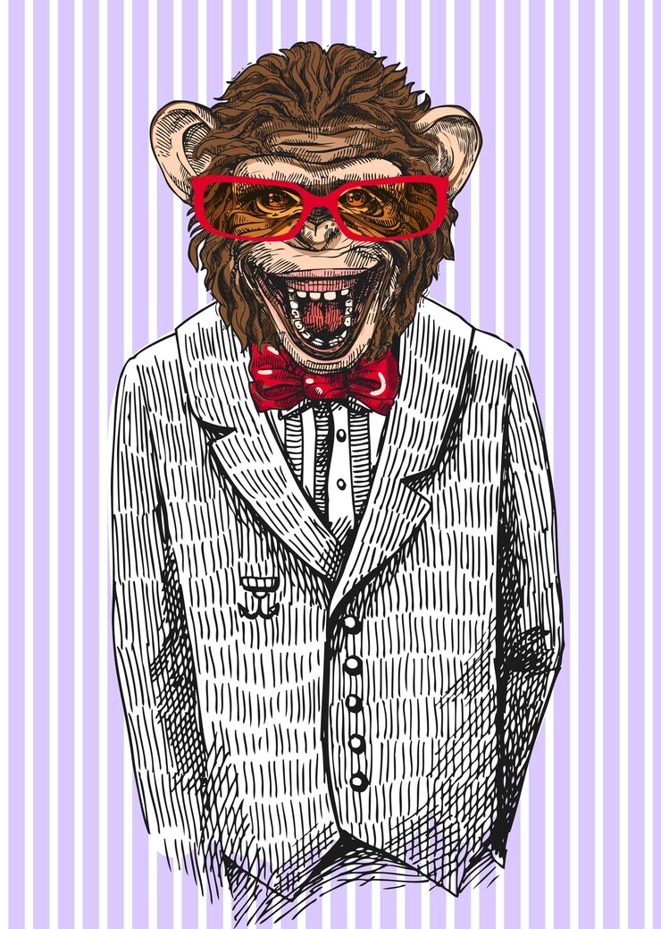 Vetor macaco em terno de negócios ilustração vetorial para cartaz de cartão de felicitações ou impressão em roupas estilo de moda desenho hipster