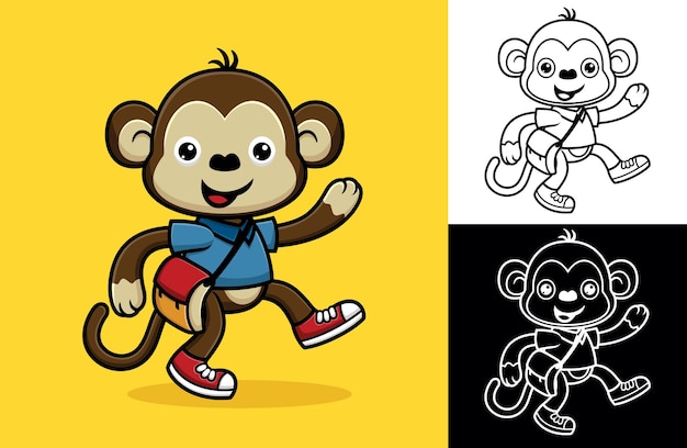 Macaco engraçado com bolsa para a escola. ilustração de desenho vetorial no estilo de ícone plano