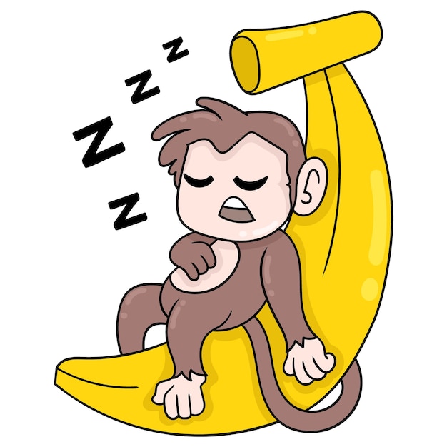 Macaco está descansando dormindo em um grande colchão de banana, arte de ilustração vetorial. imagem de ícone do doodle kawaii.