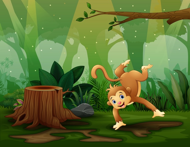 Macaco feliz dançando na ilustração madeira