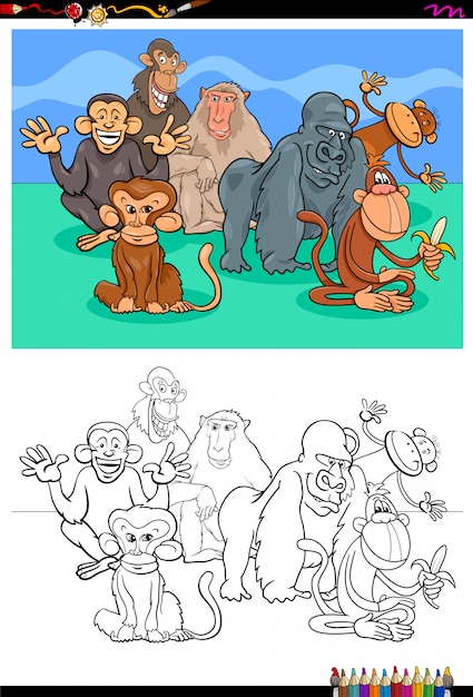 Macaco feliz personagens grupo cor livro