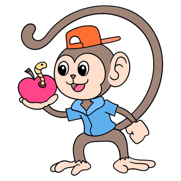 Macaco fofo carregando uma maçã com uma lagarta, doodle desenhar kawaii. arte de ilustração