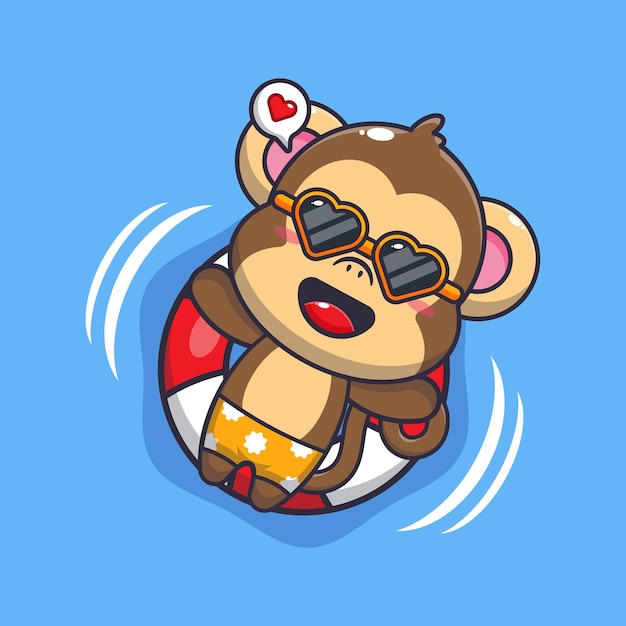 Macaco fofo com óculos de sol flutuando com bóia Ilustração de desenho animado de verão fofo