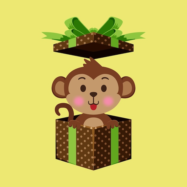 Vetor macaco fofo em uma ilustração de caixa de presente