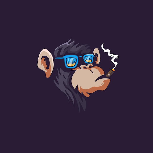 Macaco fumando usando fones de ouvido, mascote, logotipo, desenho, ilustração, vetorial