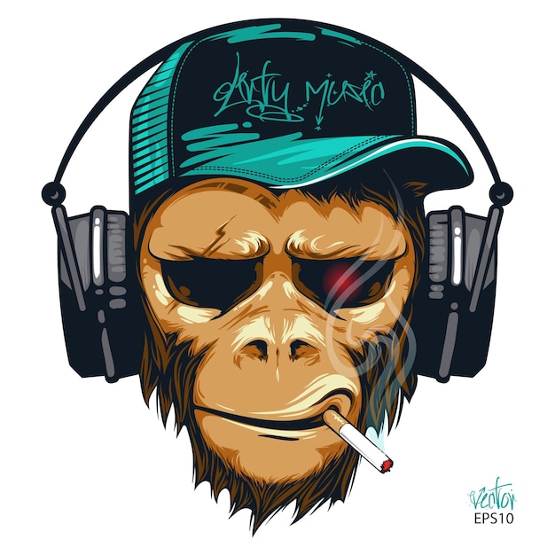 Vetor macaco hipster fã de música no fone de ouvido dj chimpanzé