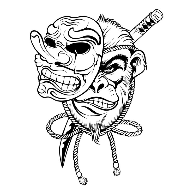 Vetor macaco ninja de vetor com máscara de tengu ilustração japonesa