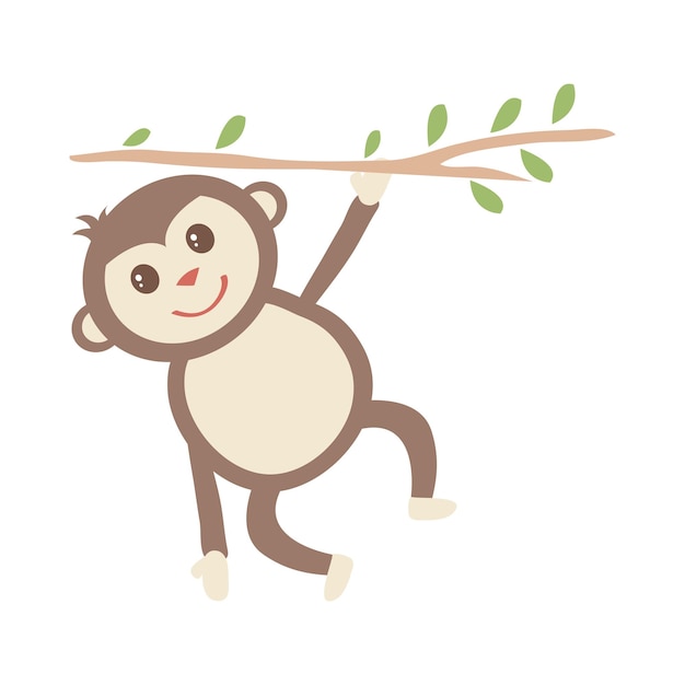 Macaco de bebê dos desenhos animados, pendurado em um galho de árvore