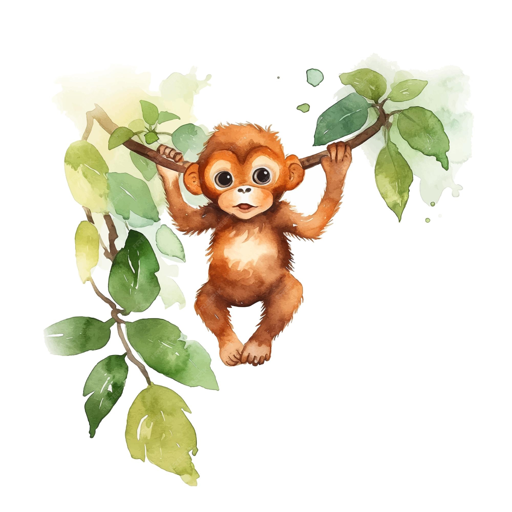 Desenho de Macaco pendurado em um galho pintado e colorido por