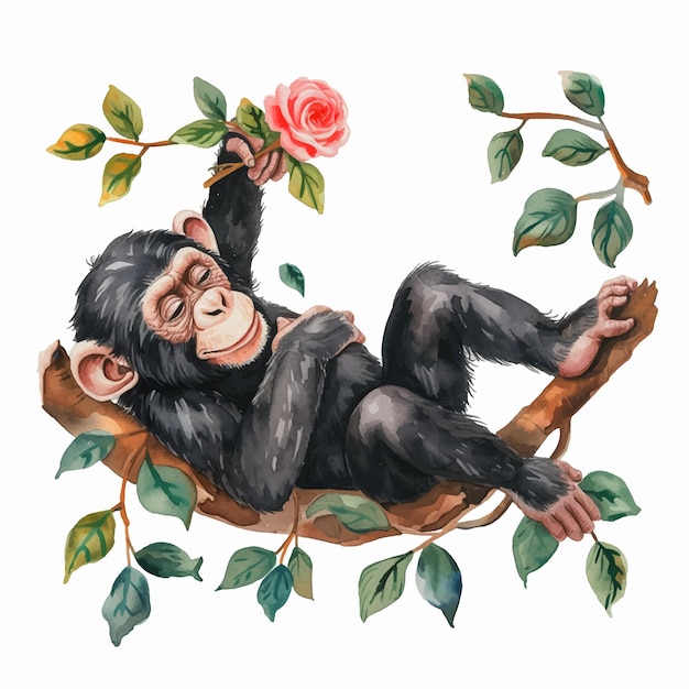 Vetor macaco pendurado em uma árvore segurando pintura de aquarela de rosa