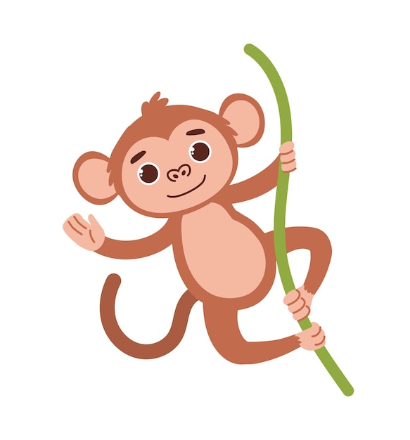 Macaco safari bonito animal encantador pendura em liana e acena sua mão fauna africana e vida selvagem savana e selva floresta tropical cartoon ilustração vetorial plana isolada em fundo branco