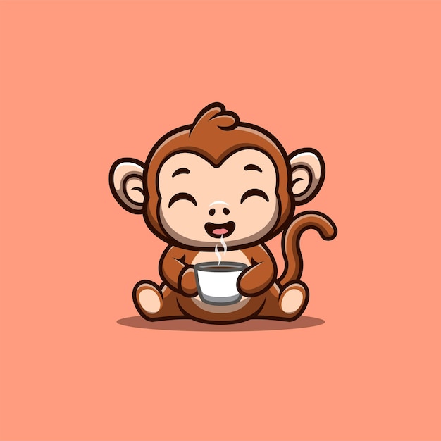 Macaco sentado beber café bonito criativo kawaii cartoon logo mascote