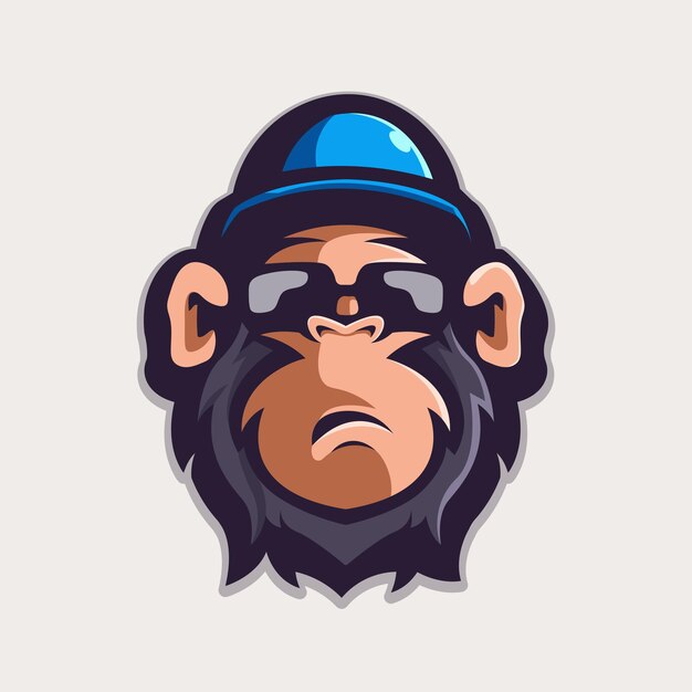 Macaco usando óculos e boné, mascote, logotipo e ilustração moderna.