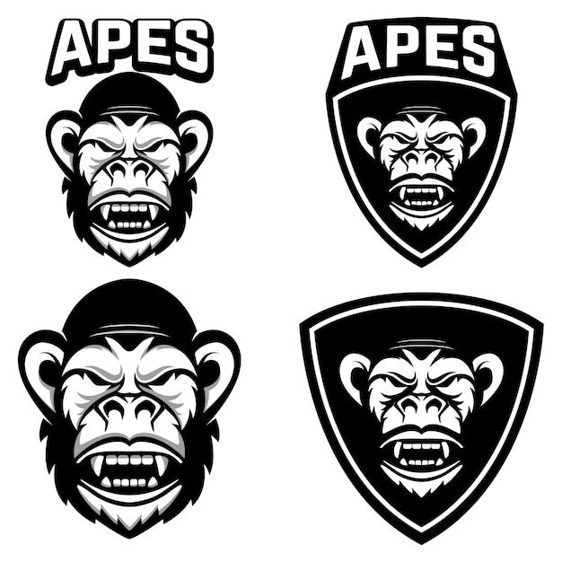 Macacos. conjunto de modelos de emblemas com cabeça de macaco. elemento para o logotipo, etiqueta, emblema, sinal, crachá. ilustração